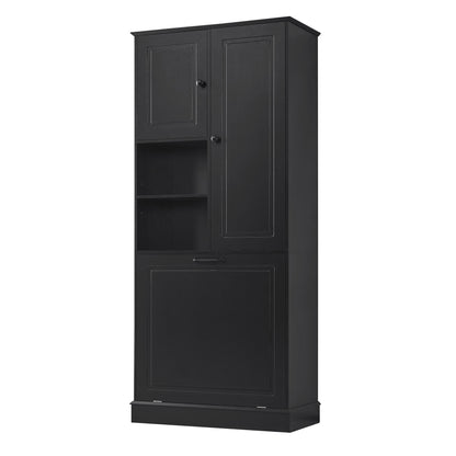 Modern Tall Storage Cabinet With Adjustable Shelves, Flip-Out Basket & Enclosed Doors