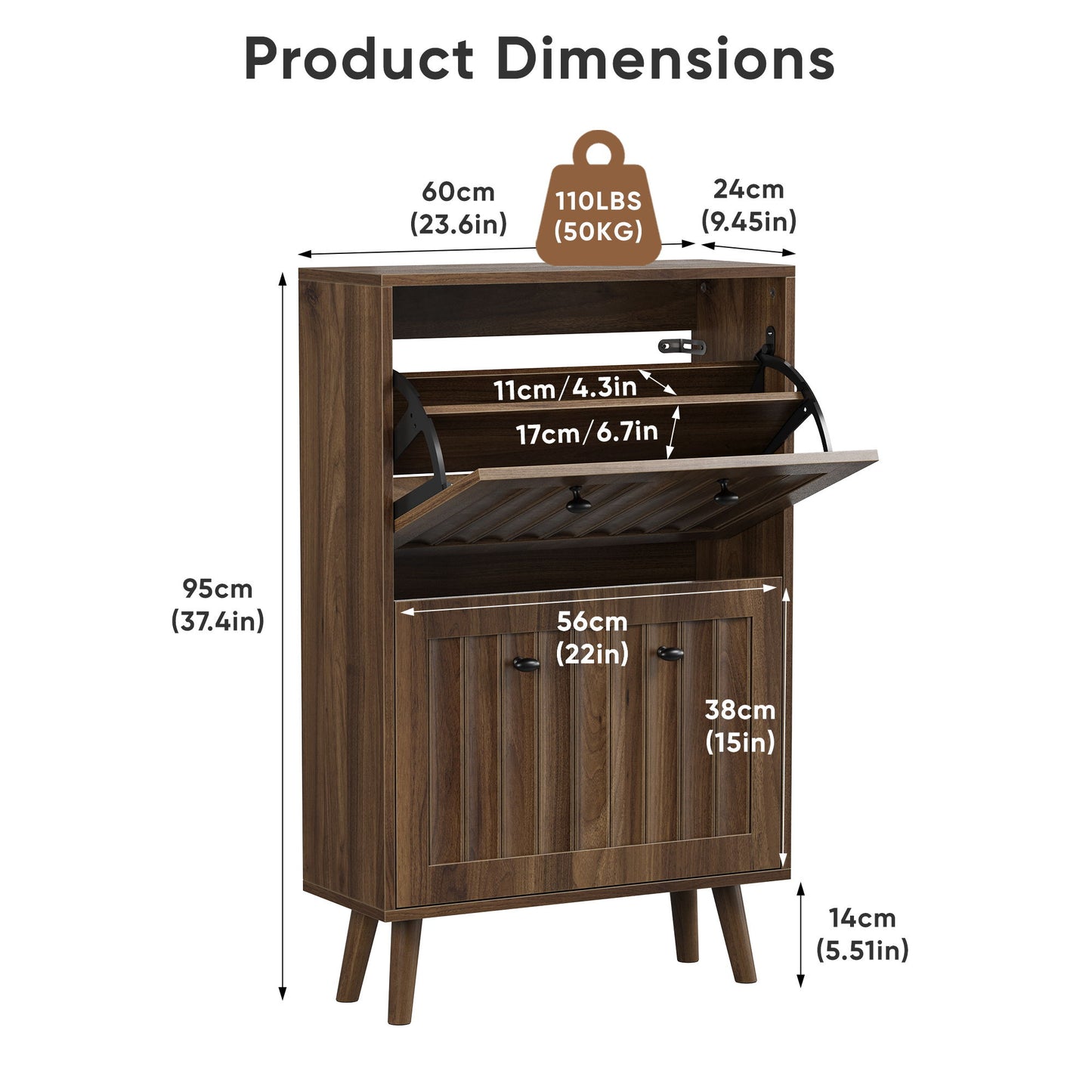 Shoe Cabinet, Upright Storage Unit - Walnut