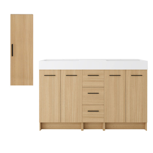 Double Sink Bathroom Vanity Set With Tall Linen Cabinet, 3 Drawers, Extra Large Storage, Integrated Sink, Freestanding Cabinet - Light Oak / White
