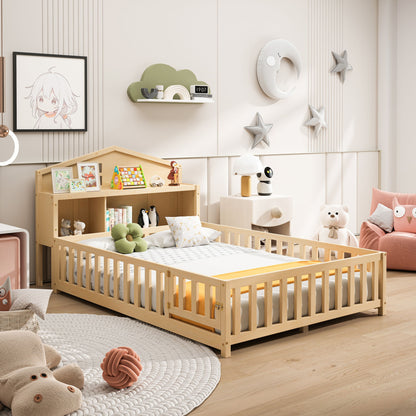 Full Size Montessori Floor Bed With Bookcases And boards, Solid Wood Platform Bed With Guard Rails And Storage Headboards - Natural