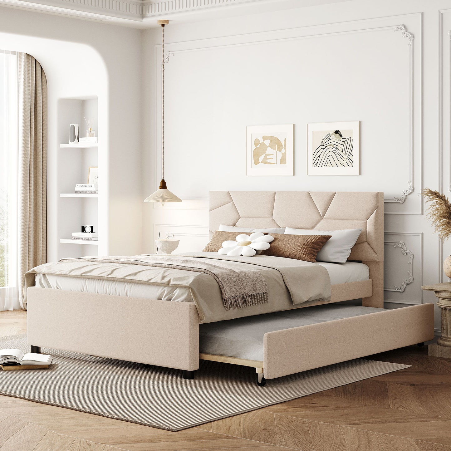 Upholstered Platform Bed With Brick Pattern Headboard And Twin Long Size Trundle