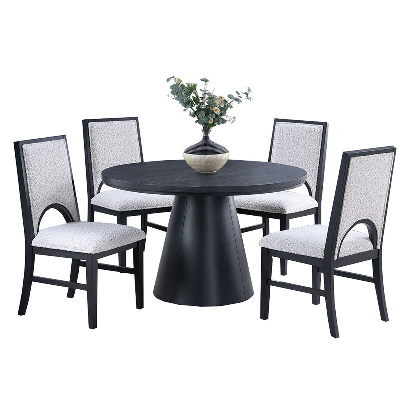 5 Piece Round Dining Set With Upholstered Chairs - Black / White