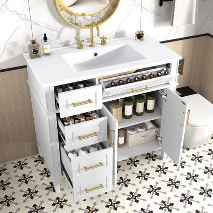Bathroom Vanity With Sink, 4 Drawers (1 Flip Drawer), 2 Doors & Adjustable Shelf - White
