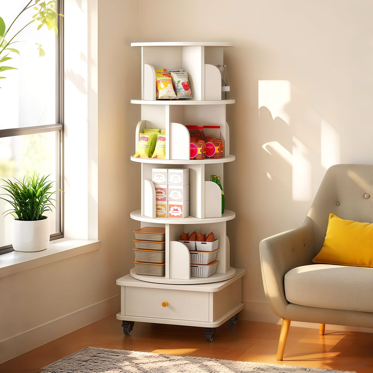 Rotating Bookshelf With Wheels And Drawer, 360° Spinning Design, Space Saving Storage