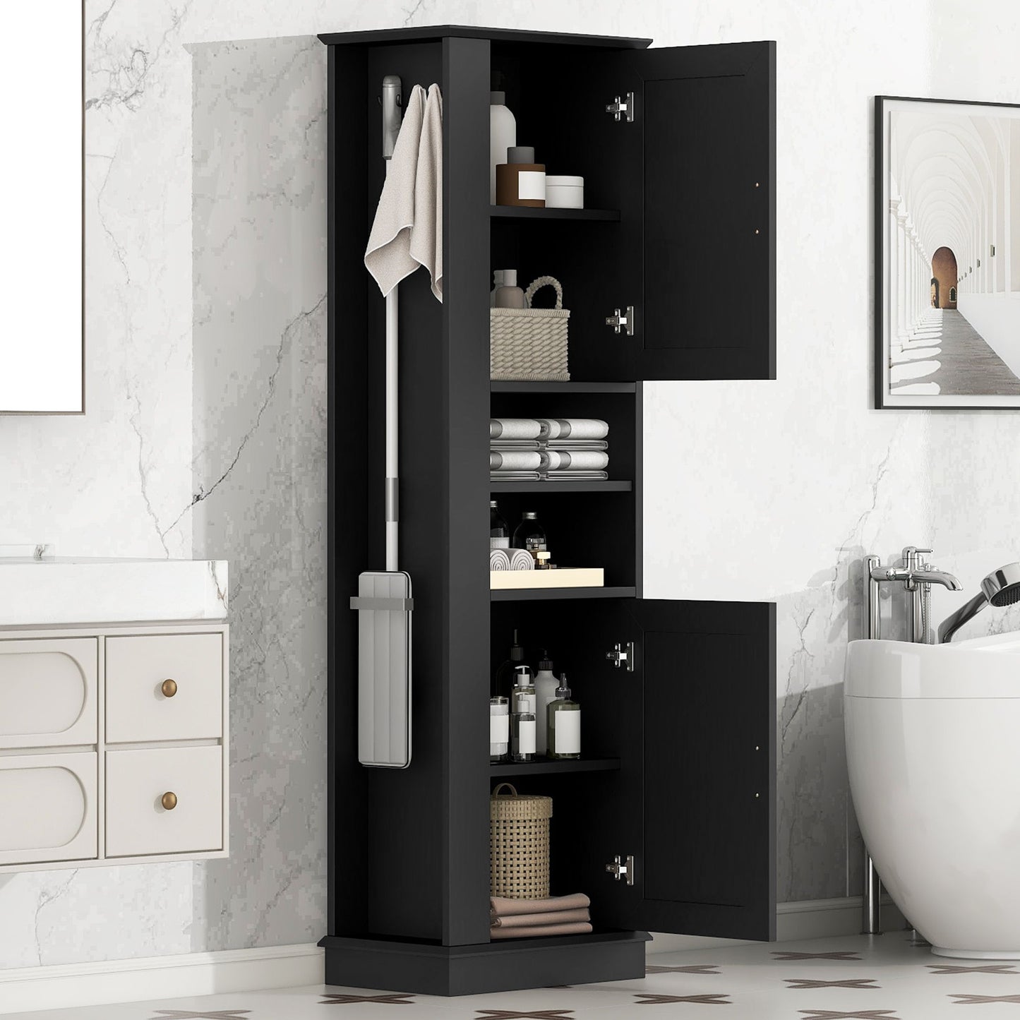 Tall Freestanding Bathroom Storage Cabinet With Adjustable Shelves And Side Hooks Board, Rectangle Design