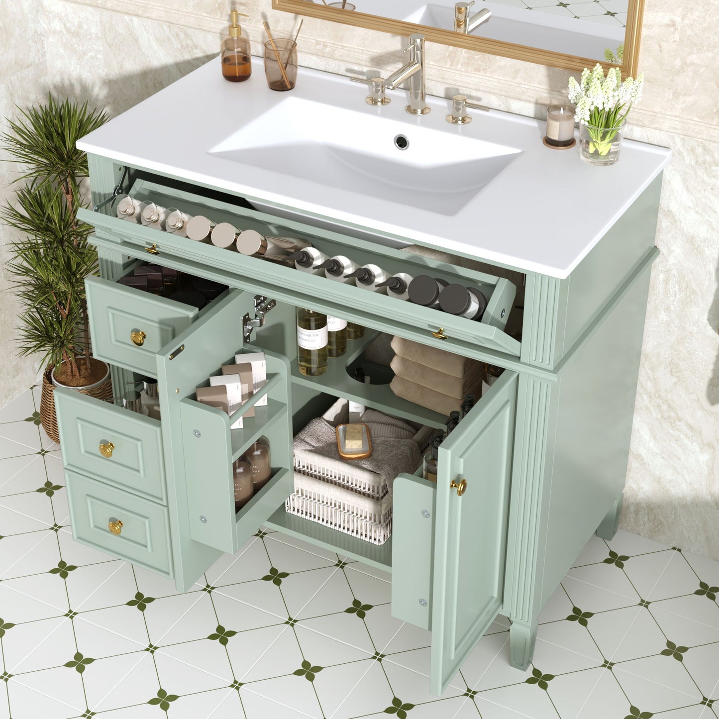 Bathroom Vanity With Sink, 3 Drawers & 2 Doors