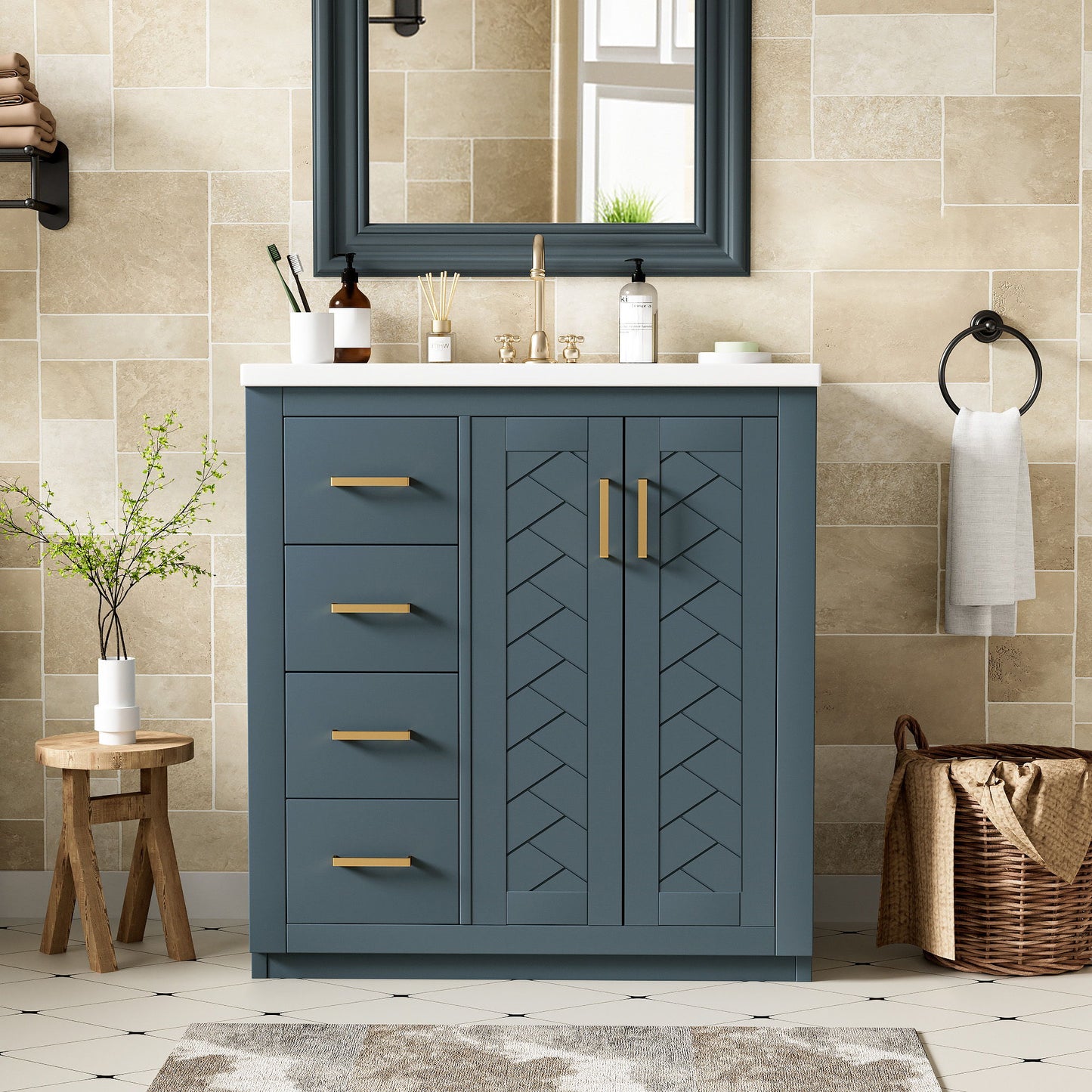 Ceramic Sink Combo, Freestanding Vanity Set With 3 Drawers & Soft Closing Doors