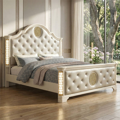 Jasmine - Queen Size Tufted Upholstery & LED Bed - Beige