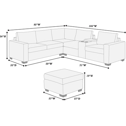 Contemporary L-Shaped Sectional Set With USB Console & Ottoman