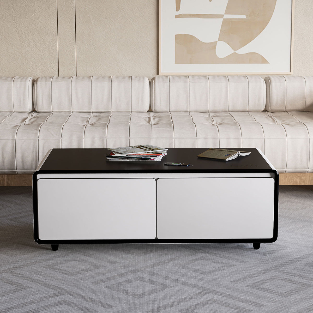 Modern Smart Coffee Table With Built-In Fridge, tooth Speaker, Wireless Charging Module, Touch Control Panel, Power Socket, USB Interface, Outlet Protection, Atmosphere Light