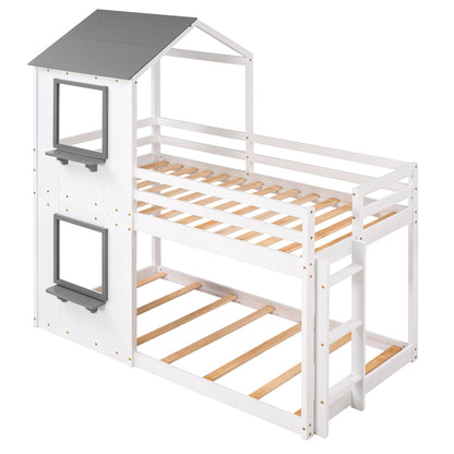 Bunk Bed Wood Bed & Roof, Window, Guardrail, Ladder