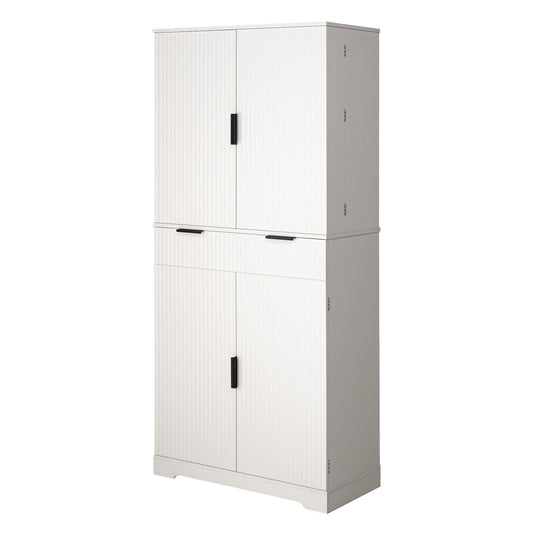 Fluted Kitchen Pantry Cabinet With 3 Keyboard Drawers & 6 Adjustable Door Shelves