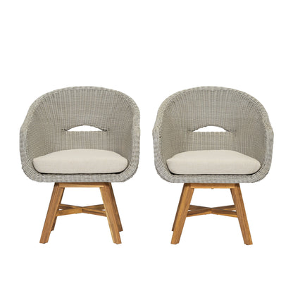Modern Coastal Rattan Dining Chairs, (Set of 2), Solid Wood Legs - Beige