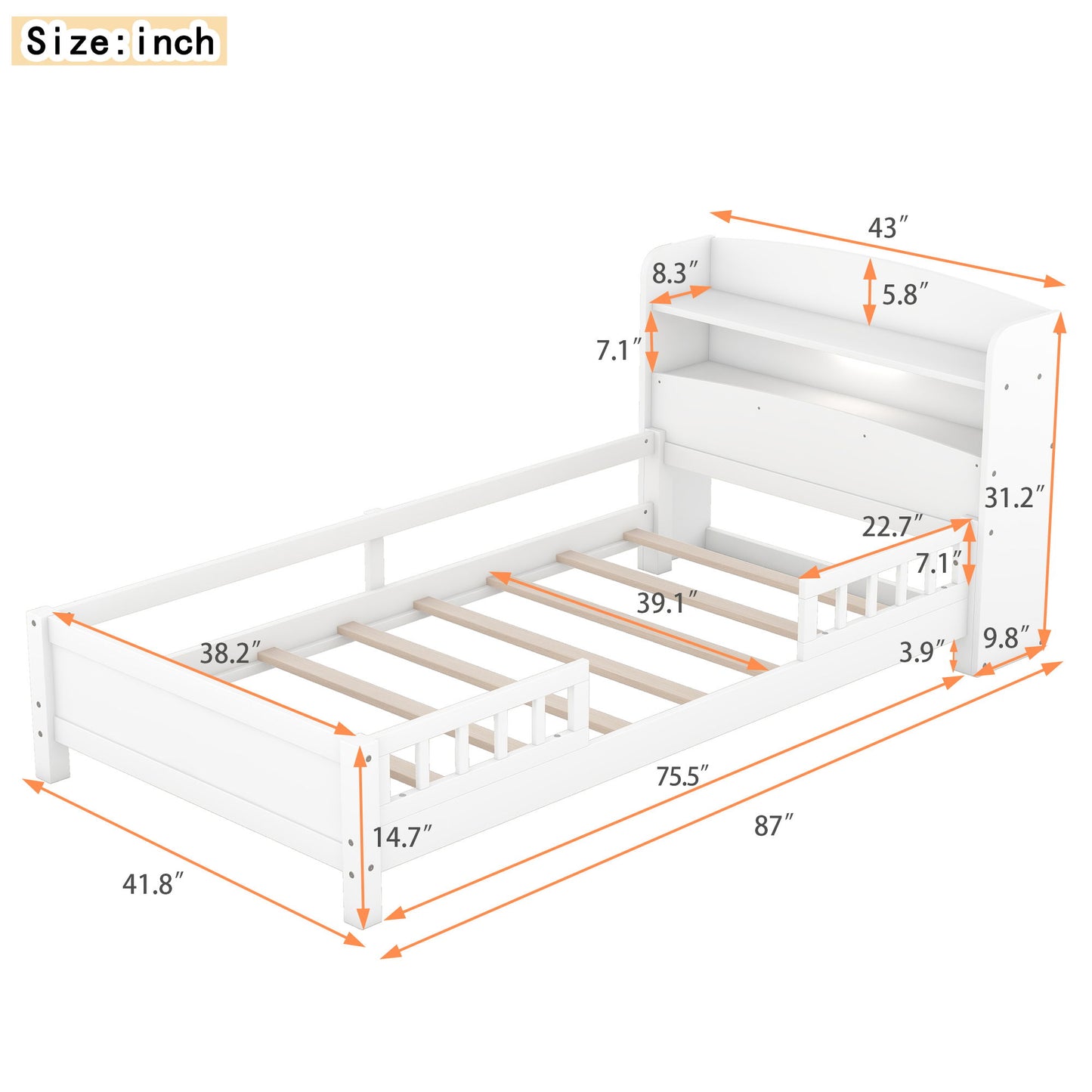 Wood Platform Bed With Built In LED Light, Storage Headboard And Guardrail