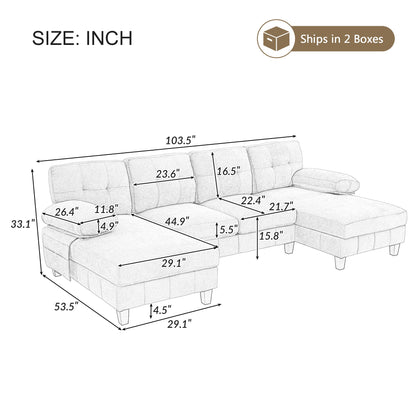 U-Shaped Sectional Sofa 103.5" Fabric Couch With Dual Chaise Lounges, Storage Pockets, Armrest Pillows