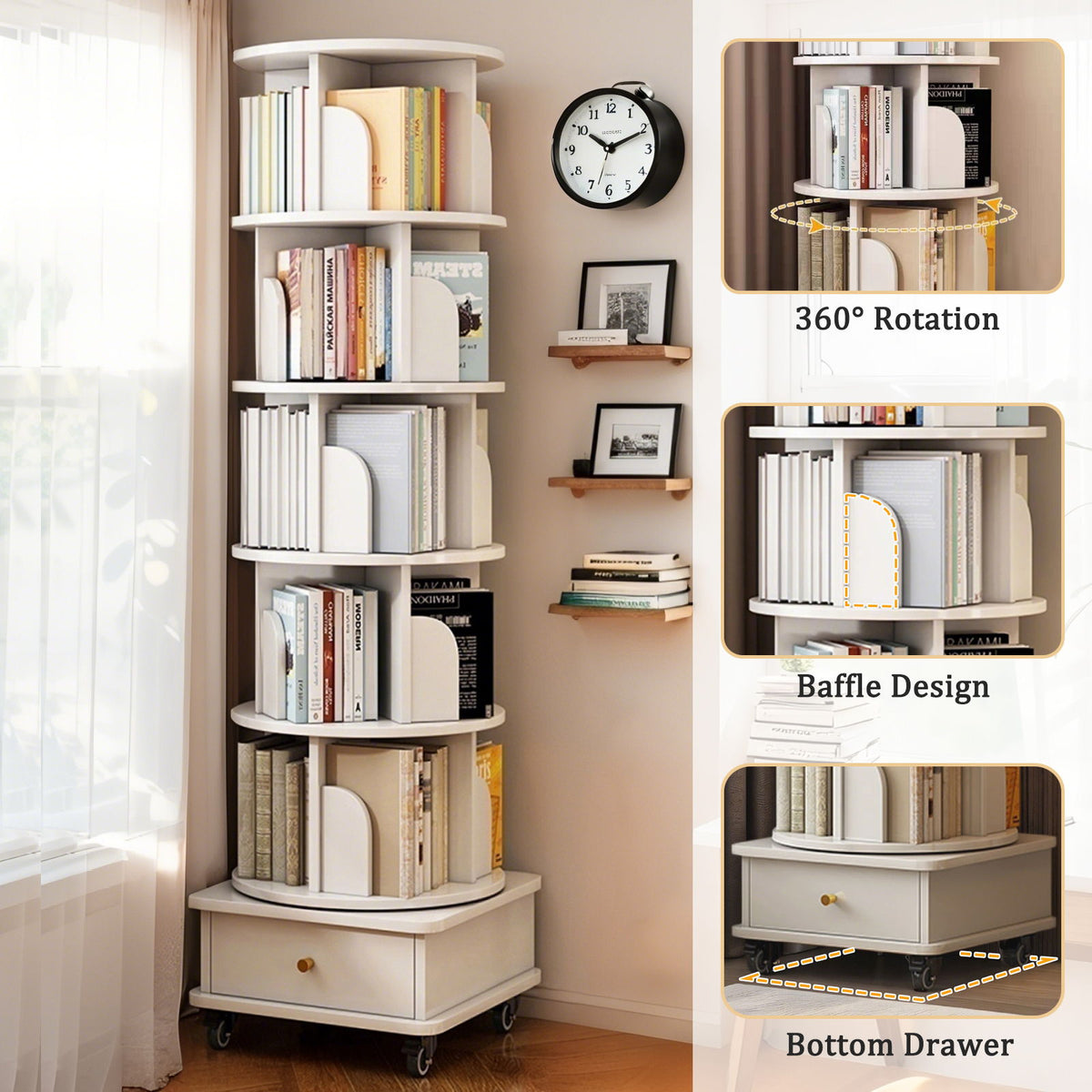 Rotating Bookshelf With Wheels And Drawer, 360° Spinning Design, Space Saving Storage