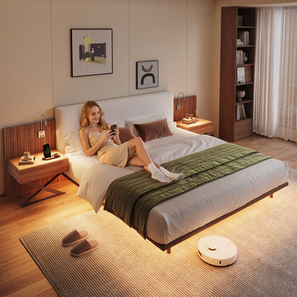 Floating King Size Bed With Integrated Side Tables And Smart Lighting - Beige Gray / White