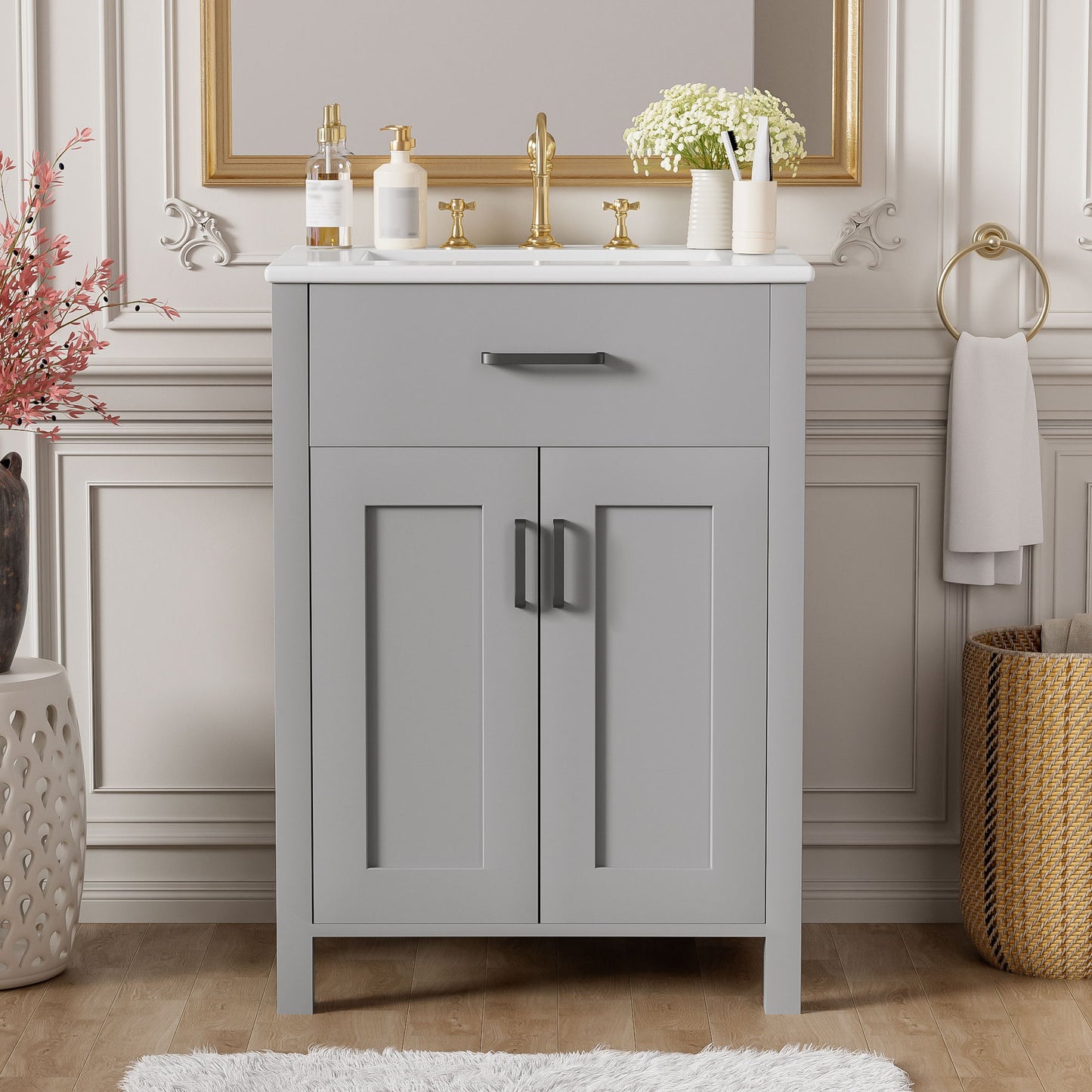Bathroom Vanity With Ceramic Sink, Soft Close Doors, Flip Drawer, Double Layer Door Shelves