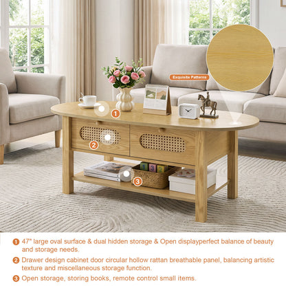 Oval Coffee Table With With 2 Storage Drawers For Living Rooms - Wood