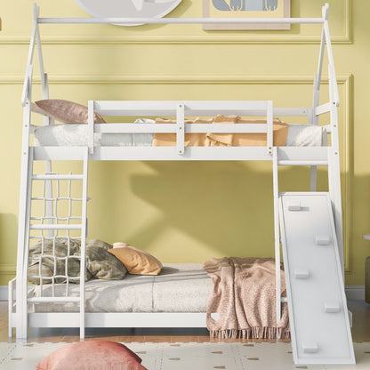 Georgiana - Twin Over Queen House Bunk Bed With Climbing Nets And Climbing Ramp