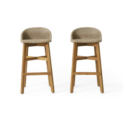 Beeson - Outdoor Wicker And Acacia Wood Barstools Set, Water Resistant - Brown
