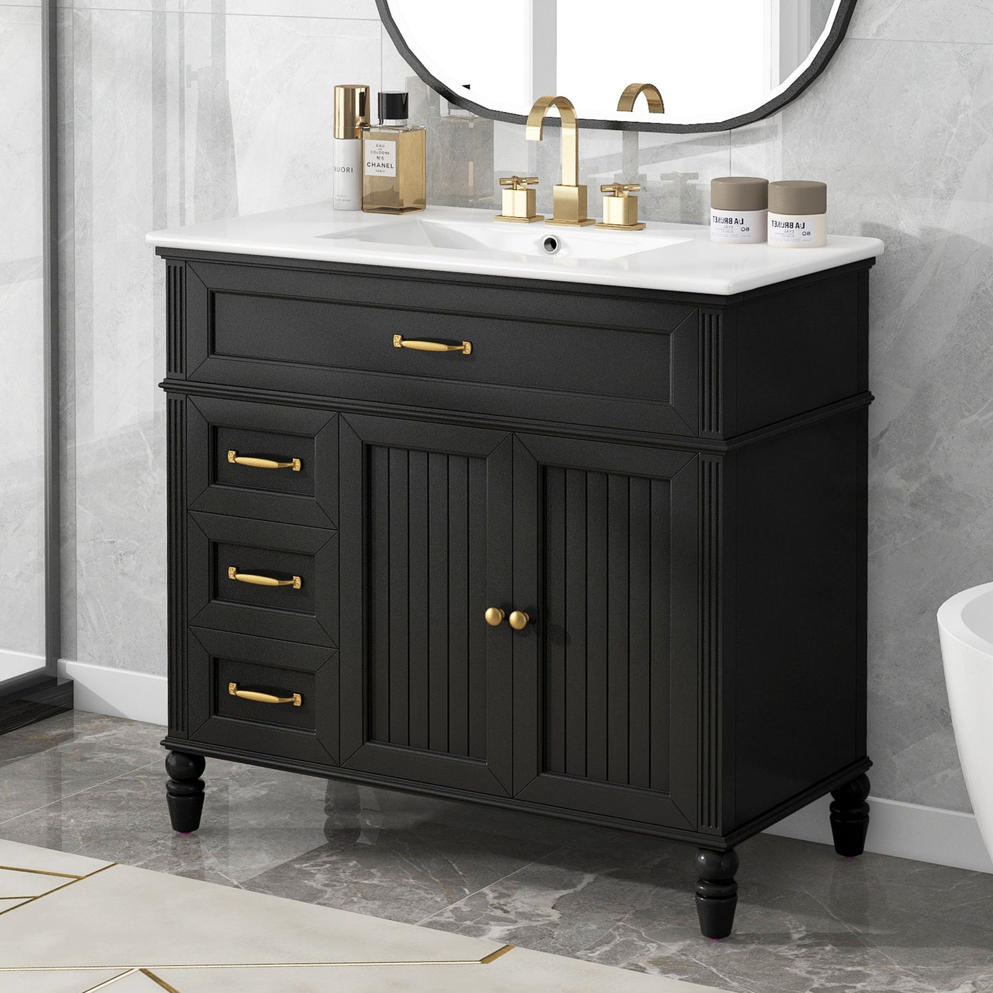 36" Bathroom Vanity With Sink, Freestanding Cabinet With Drawers, 2 Package - Black