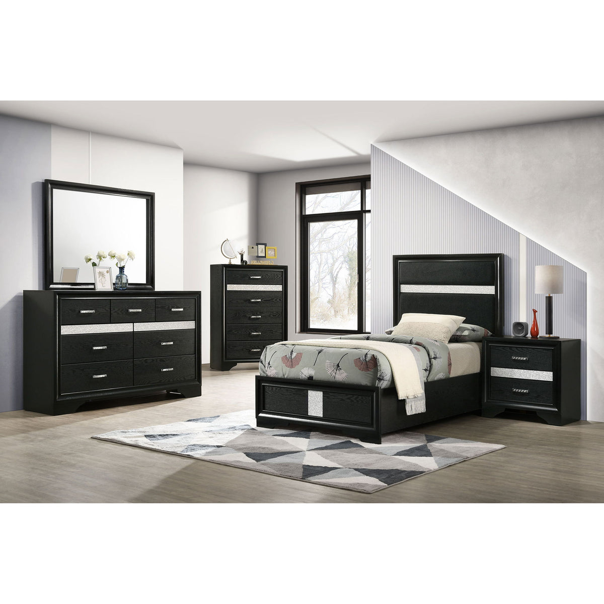 Modern Bedroom Set With Upholstered Headboard And Textured Storage