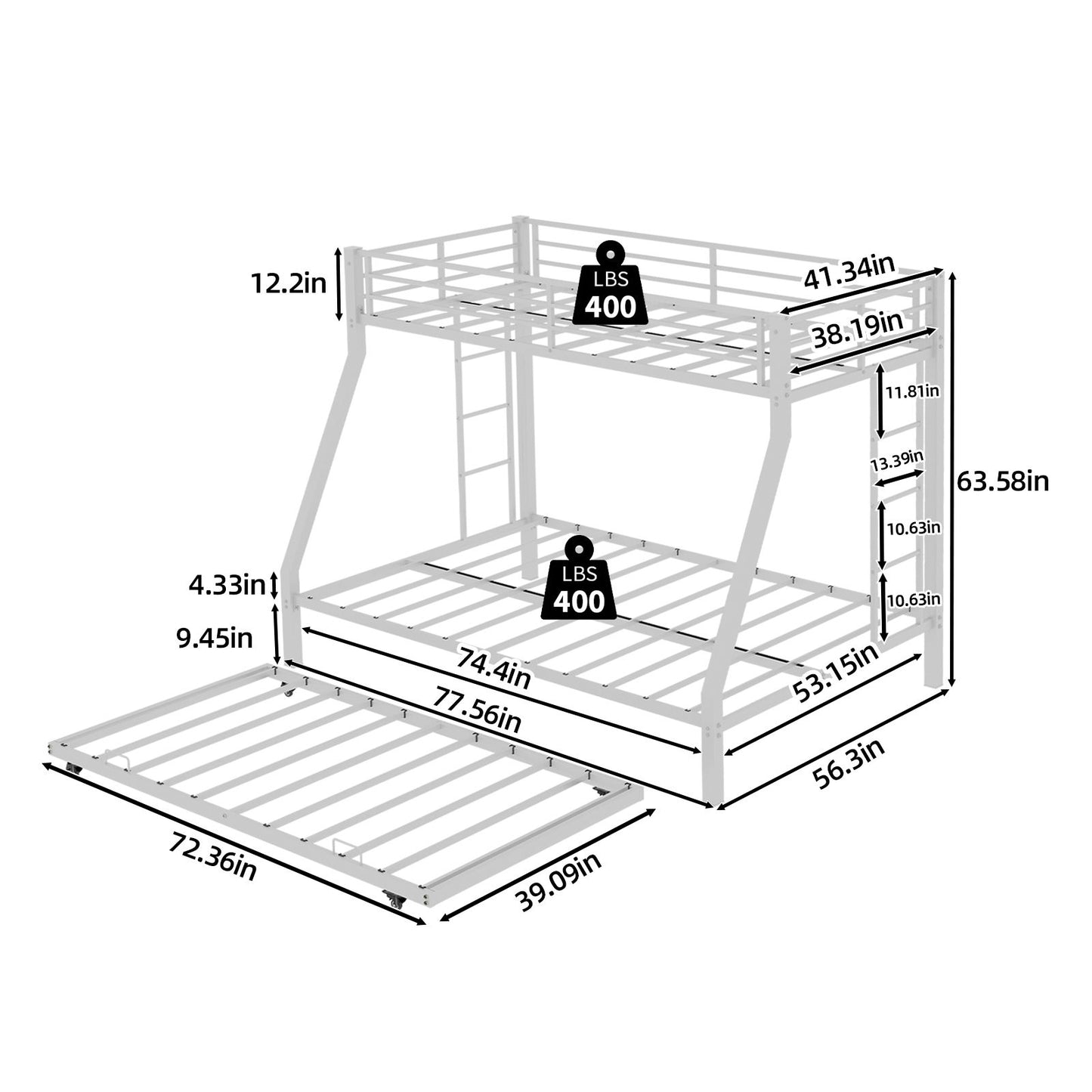 Bunk Bed For Kids, Convertible Frame With Ladders & Guardrail