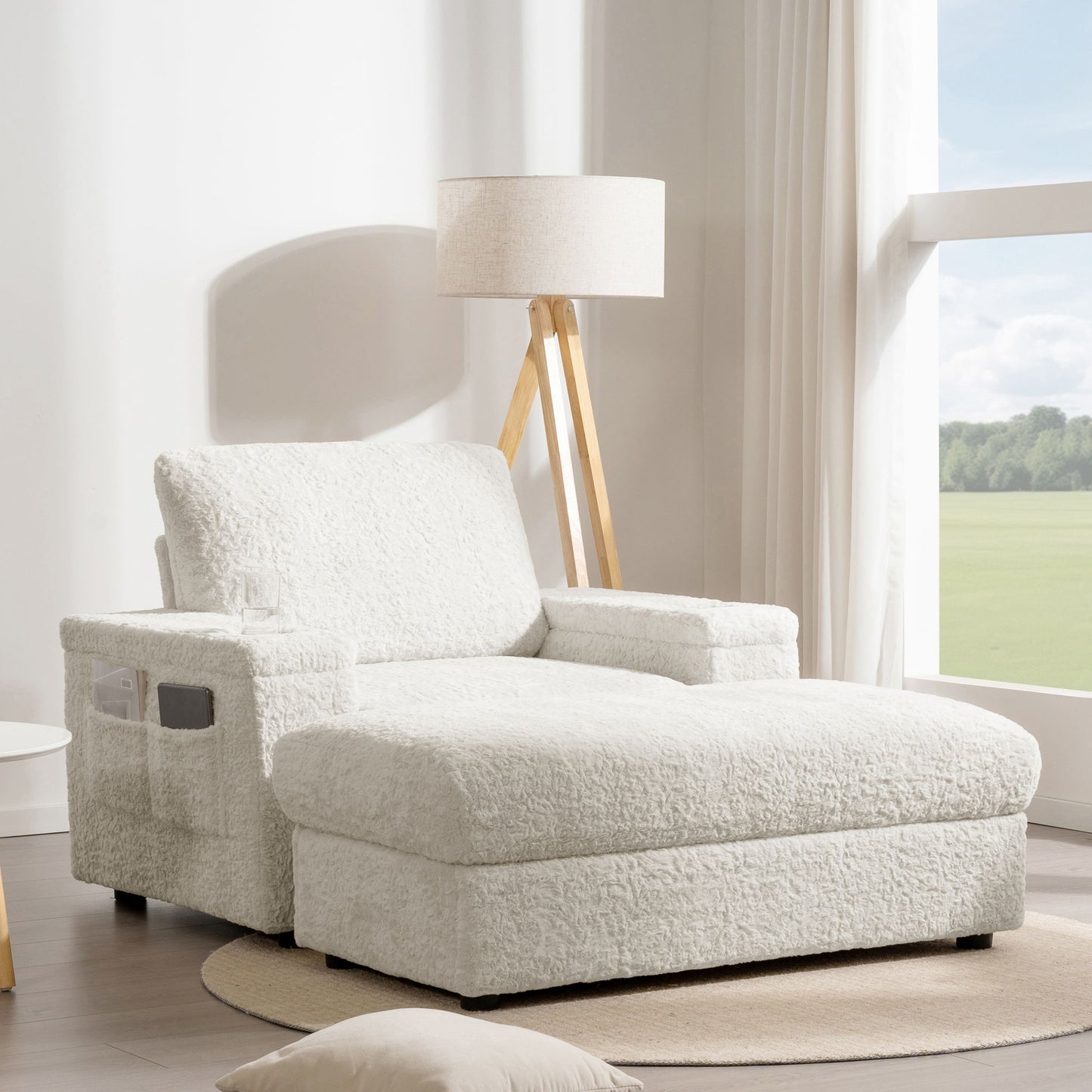 Oversized Chaise Lounge Indoor Rabbit Fur Sofa Bed With Storage Ottoman And Armrests Cup Holders With Deep Seat