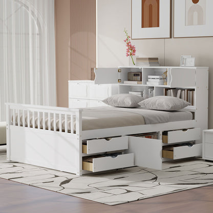 Captain Platform Bed Frame With Bookcase Headboard, 4 Drawers, Storage Shelves
