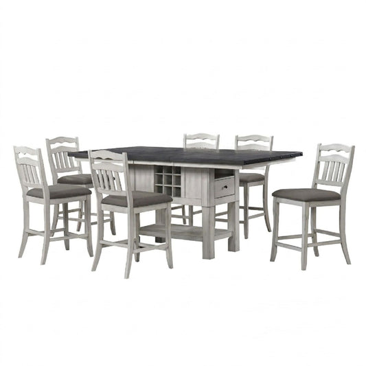 7 Piece Counter Height Dining Set With Storage Base And Ladder Back Chairs - Antique White / Gray