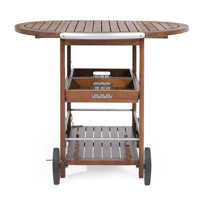 Wood And Aluminum Bar Cart With 2 Shelves - Oak / Silver