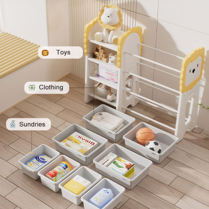 Kids Bookshelf And Toy Storage, 4 Tier Toy Organizers With 8 Removable Storage Bins, Kids Toy Storage Organizer For Study Room - Gray / White / Yellow