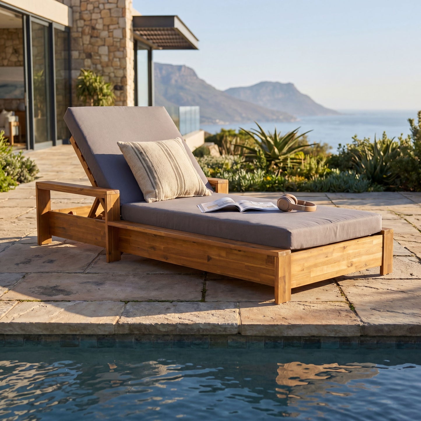 Chaise Lounge With Armrests, 2 Fold Cushion Set, 3 Position Adjustable Backrest, For Patio Pool - Dark Gray / Teak