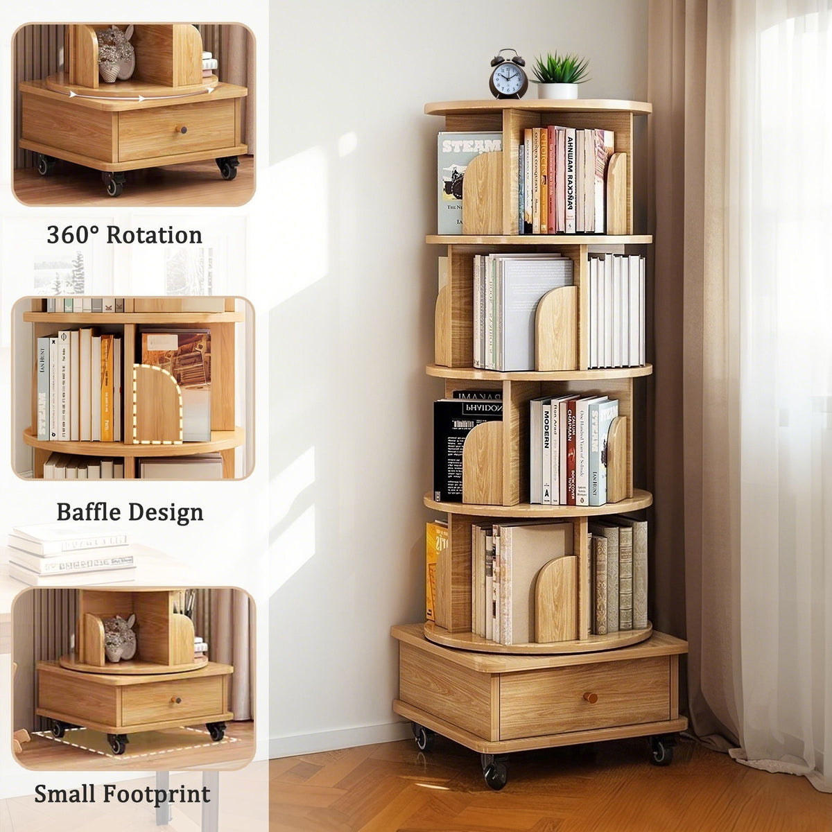 Rotating Bookshelf With Wheels And Drawer, 360° Spinning Design, Space Saving Storage