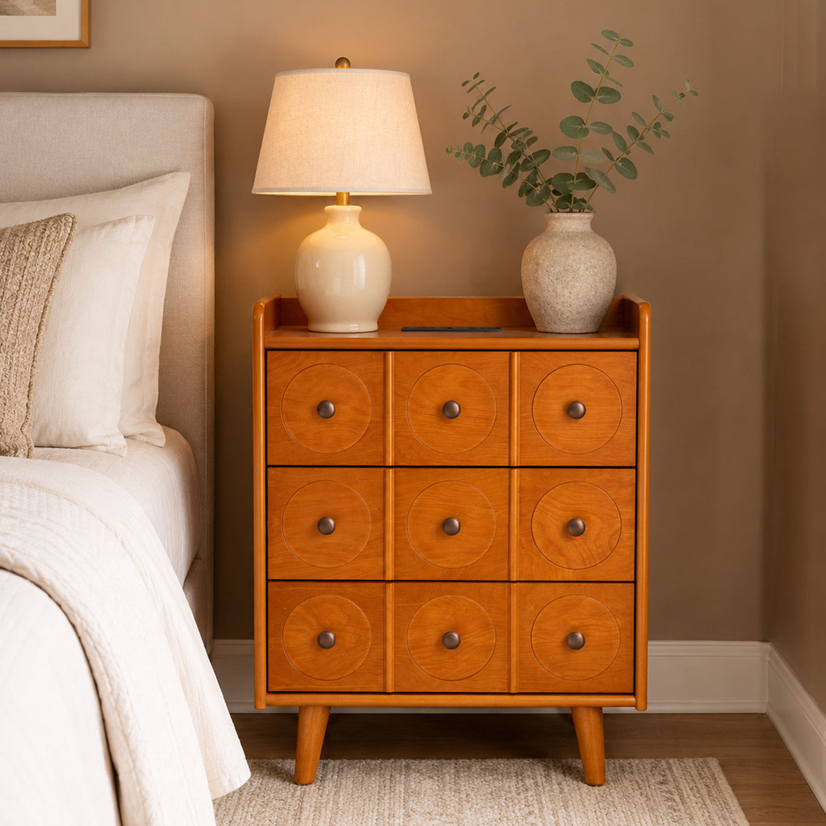 3 Drawer End Table With Charging Station For Bedroom - Natural Wood