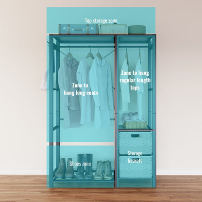 Garment Rack With Shelves, 2 Wicker Drawers, 4 Hooks, Organizer