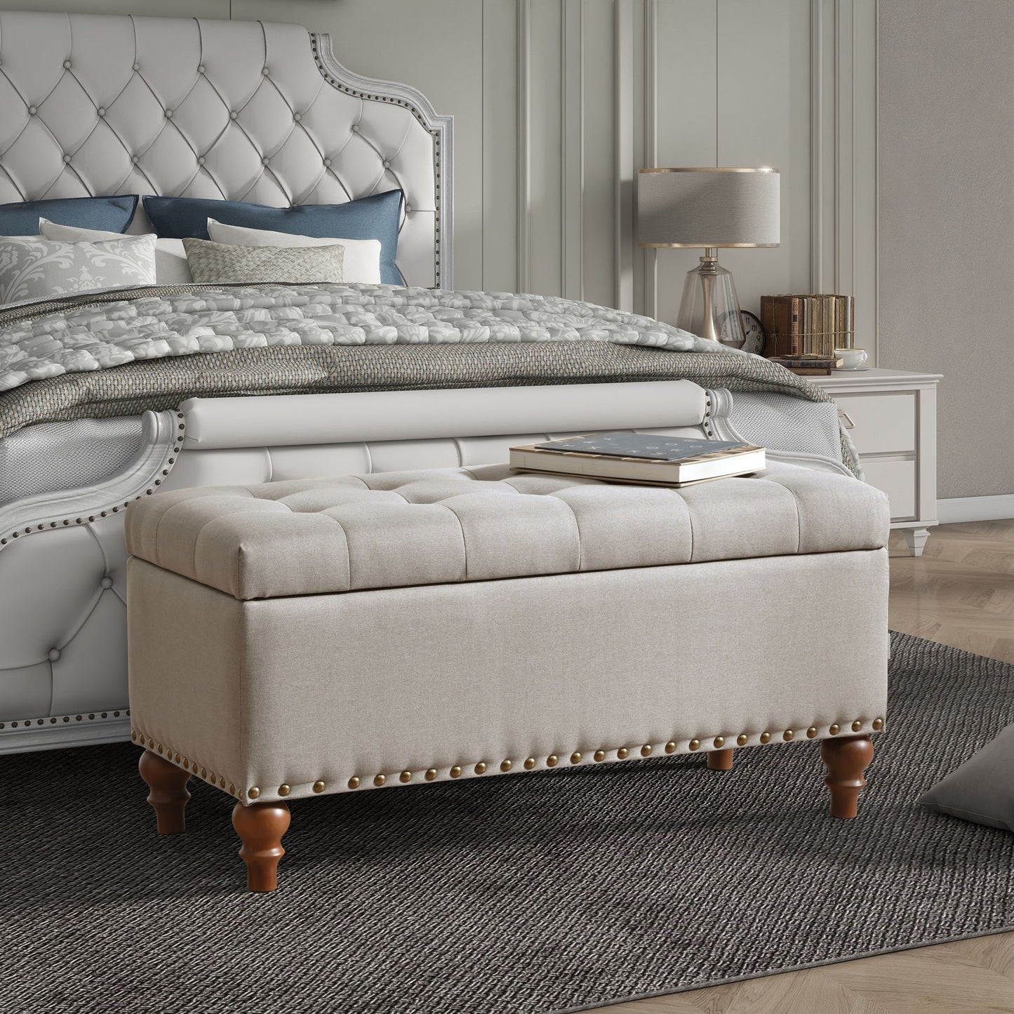 Upholstered Ottoman With Storage And Rivet Trim