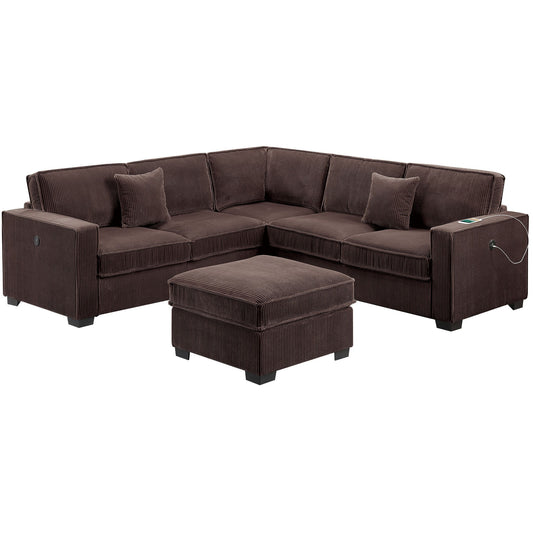 4 Piece Sectional Set With USB Ports, Left Arm Facing / Right Arm Facing Loveseat, Corner Wedge, Cocktail Ottoman, 2 Pillows - Chocolate