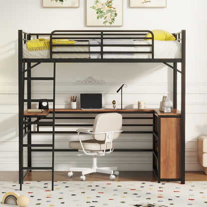 Loft Bed & 3 Layers Of Shelves And L-Shaped Desk