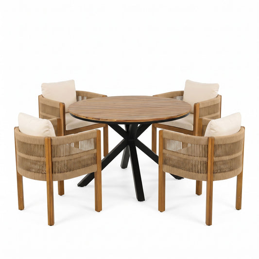 5 Piece Outdoor Dining Set With Round Table And 4 Wrapped Chairs - Black / Brown / Teak