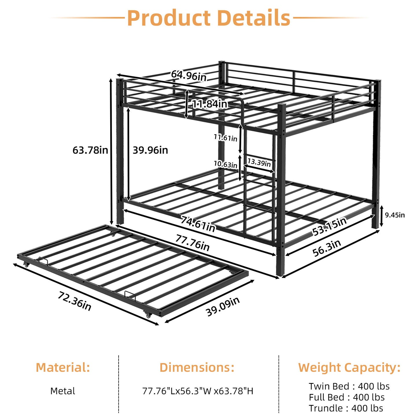 Bunk Bed For Kids, Convertible Frame With Ladders & Guardrail